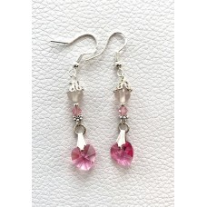 052 boucles d'oreilles coeur de swarovski rose, quartz rose